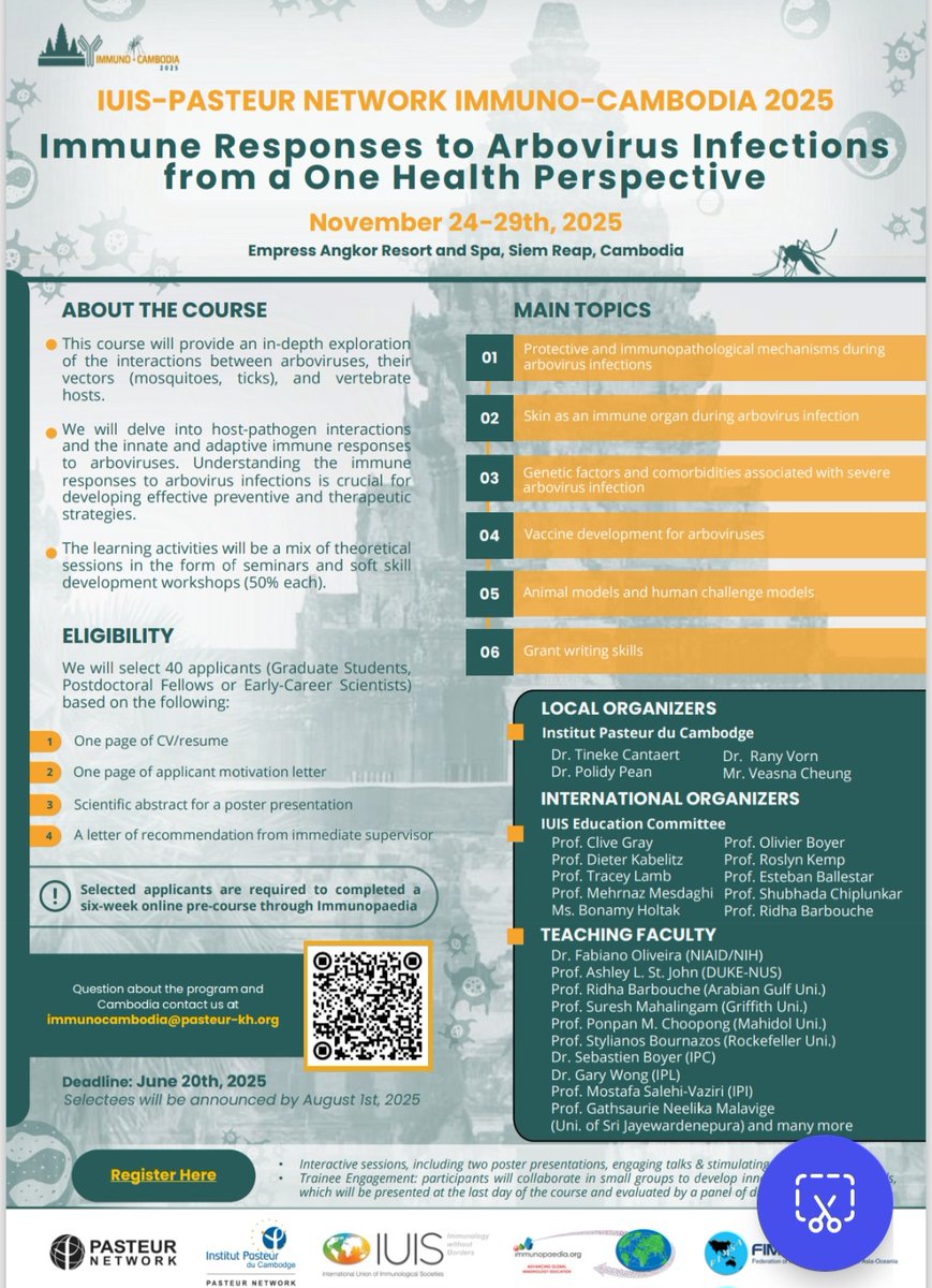 Neelika Malavige (@gmalavige) on Twitter photo Do apply for this exciting opportunity, to learn more about 'Immune responses to Arboviruses'.
Travel grants available.
Apply here: lnkd.in/gAyZ-mi6
#arbovirus #dengue #chikungunya #immunity
<a href="/iuis_online/">International Union of Immunological Societies</a>
IUIS-PASTEUR Immuno-Cambodia 2025 | Immunopaedia Do apply for this exciting opportunity, to learn more about 'Immune responses to Arboviruses'.
Travel grants available.
Apply here: lnkd.in/gAyZ-mi6
#arbovirus #dengue #chikungunya #immunity
<a href="/iuis_online/">International Union of Immunological Societies</a>
IUIS-PASTEUR Immuno-Cambodia 2025 | Immunopaedia