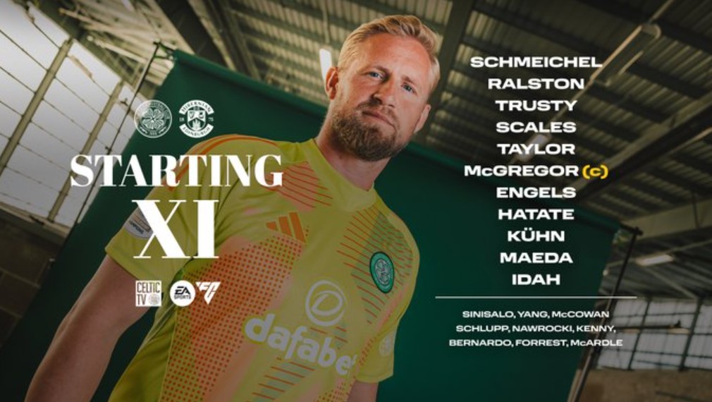 CELTIC  Schmeichel, Ralston, Scales, Trusty, Taylor, McGregor, Hatate, Engels, Kuhn, Idah, Maeda. 😎🍀
Subs Sinisalo, Yang, McCowan, Schlupp, Nawrocki, Kenny, Bernardo, Forrest, McArdle