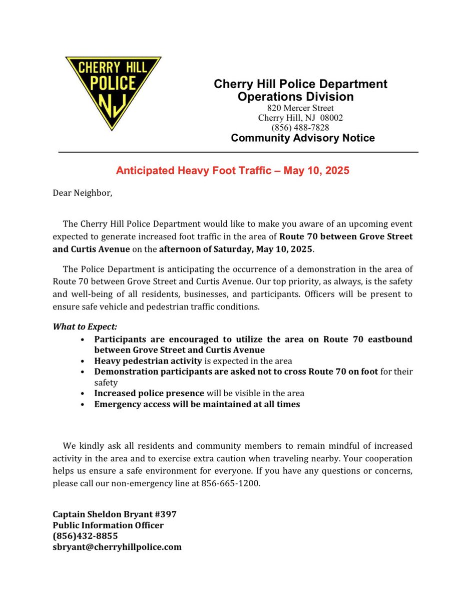 🚨Police Advisory🚨

Please see below for a Community Advisory Notice for today, May 10, 2025. There will be increased foot traffic in the area of Route 70 between Grove Street and Curtis Avenue. We would like to thank the public for their cooperation

#CherryHillPD