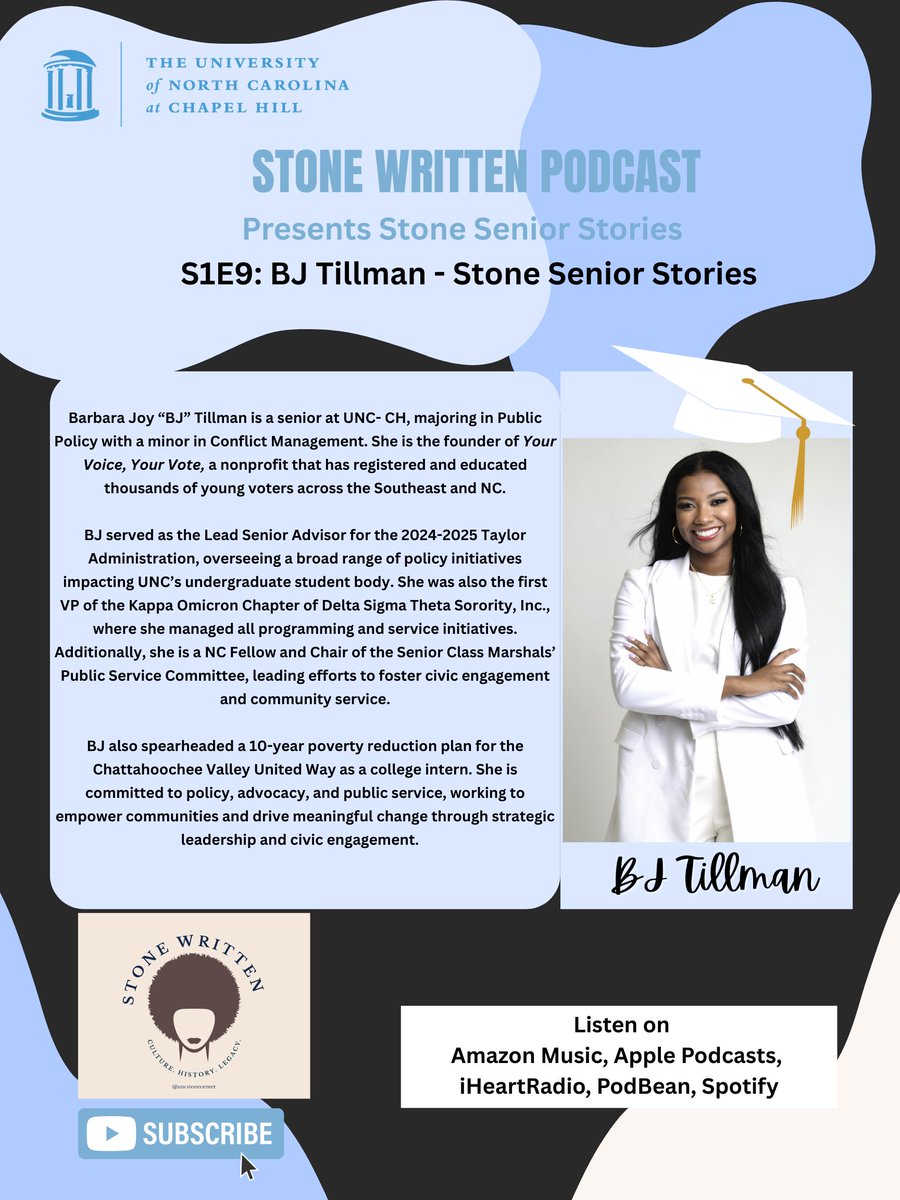 NEW EPISODE! Stone Written Podcast proudly presents Stone Senior Stories. In the second episode, we chat with BJ Tillman. From founding a nonprofit that has registered 1000's of voters to crafting economic policy with senators, BJ has made her mark on UNC: go.unc.edu/e3S9C