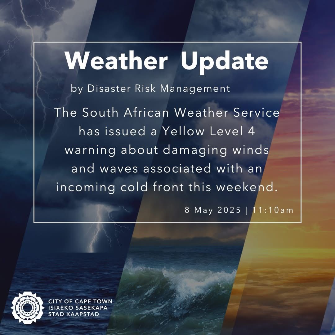 centralnewsza's tweet photo. 🔴Western Cape Braces for Cold Front with Yellow Level 4 Warning for Damaging Winds🔴

The South African Weather Service (SAWS) has issued a Yellow Level 4 warning for damaging winds along the Western Cape coastline, effective Saturday, 10 May 2025. This warning pertains to strong north-westerly winds expected to reach speeds of 50–70 km/h, with gusts potentially exceeding 80 km/h. These conditions pose risks such as uprooted trees, damaged infrastructure, and hazardous driving conditions, particularly for high-sided vehicles.

Full story :⤵️⤵️⤵️
https://t.co/bBWOXLEKr3
#coldfront
