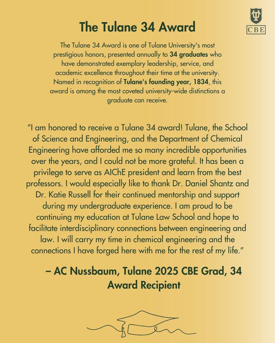 🎉 ConGRADulations to AC Nussbaum on earning the Tulane 34 Award!

A standout in chemical engineering and AIChE president, AC now heads to Tulane Law to connect engineering and law.

We’re so proud! 💚⚖️ #Tulane34 #WaveMakers #TulaneSSE