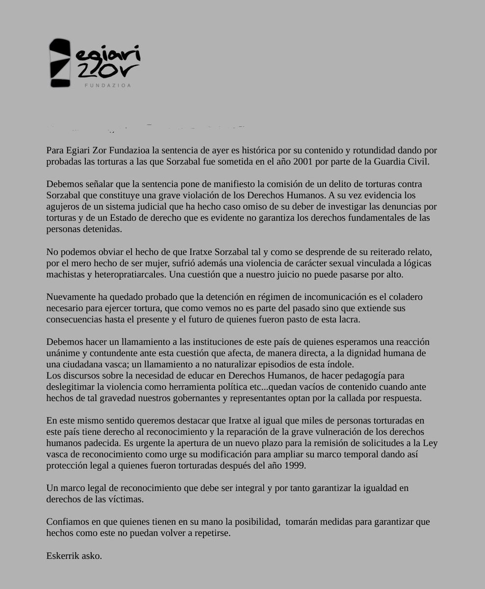Gaurkoan Sorzabalen auziaren sententziaren edukia baloratu dugu prentsaurrekoan EHko GEBehatokiarekin eta bere abokatuarekin batera.
#TorturarenDimentsioa
Hemen gure hitzartzea: