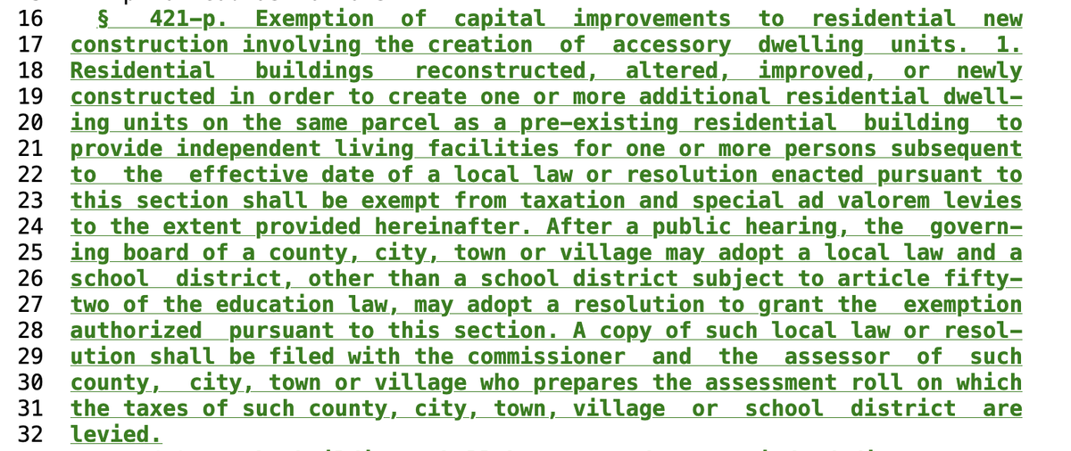 EmMurphEis's tweet photo. @OpenNYForAll Hm what happened in last year's state budget? There is definitely some tax incentive for ADUs at the state level but I guess they're still deferring to local zoning?

This is Part GG of ELFA from last year
https://t.co/5S9N4rJZ16 https://t.co/IRCfAOXiLm