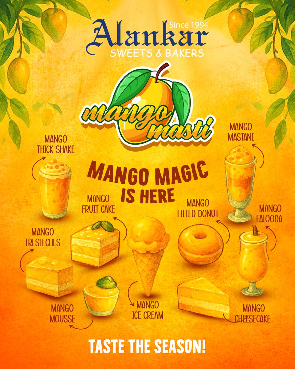 AlankarBakery's tweet image. 🥭 Mango Magic is HERE at Alankar Sweets &amp;amp; Bakers! 🍰🍦

Dive into #MangoMasti with:
✨ Mango Tresleches
✨ Mango Falooda
✨ Mango Cheesecake
✨ Mango Mastani &amp;amp; more!
Taste the season—visit us today!

#VijayawadaEats #AlankarSweets #SummerVibes #MangoSeason2025