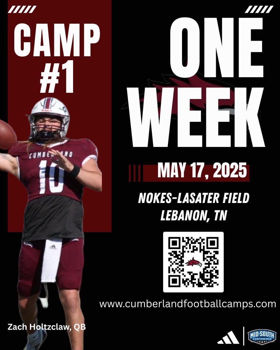 Cumberland University Football (@cumberlandfb) on Twitter photo 🚨 ONE WEEK 🚨
There’s one week until our first Prospect Camp!
Be sure to register using the QR Code or at cumberlandfootballcamps.com
*Walk-ups are welcome
For questions contact:
tmathis@cumberland.edu
#WeArePhoenix | #GATA | #FINISH 🚨 ONE WEEK 🚨
There’s one week until our first Prospect Camp!
Be sure to register using the QR Code or at cumberlandfootballcamps.com
*Walk-ups are welcome
For questions contact:
tmathis@cumberland.edu
#WeArePhoenix | #GATA | #FINISH