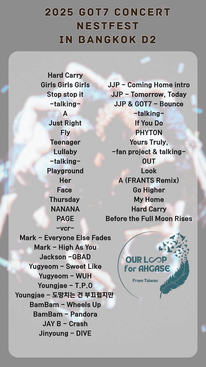 GOT7_ourloop's tweet photo. 2025 GOT7 CONCERT < NESTFEST >
in BANGKOK D1 &amp; D2 setlist 

‘’그냥 너는 나의 집 You are my home‘’
GOT7 You are My Home 🪹🪺🐣💚

우리 처음 약속처럼 We can last forever♾️

#갓세븐 #GOT7 @GOT7official
#GOT7_NESTFESTinBKK
#GOT7_NESTFESTinBKKDay1 
#GOT7_NESTFESTinBKKDay2 https://t.co/tIAbzTVgoL