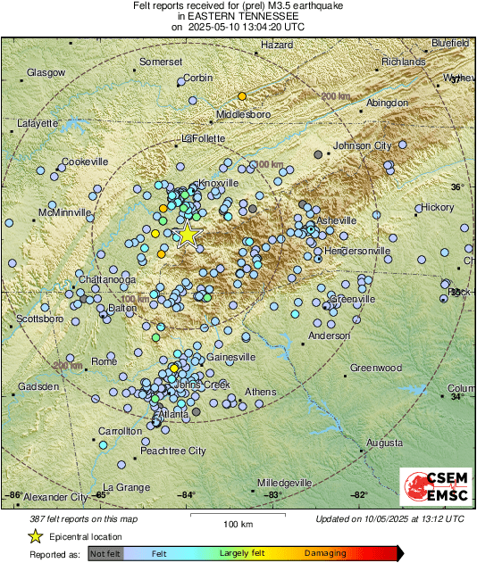 LastQuake's tweet photo. #Earthquake 15 mi S of #Maryville (#Tennessee) 8 min ago (local time 09:04:20). Colored dots represent local shaking &amp; damage level reported by eyewitnesses. Share your experience:
📱https://t.co/QMSpuj6Z2H
🌐https://t.co/rhqyMsgRup https://t.co/KqJaOGasmC