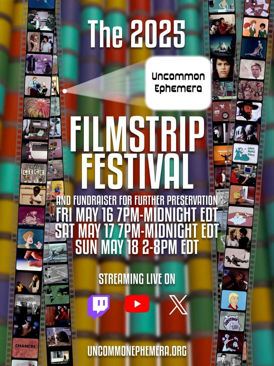 Uncommon Ephemera (@uncommnephemera) on Twitter photo LIVE NEXT WEEKEND: The 2025 #FilmstripFestival to raise money and awareness for filmstrip preservation. No one else is saving these quirky educational & industrial films. Help me save them and safeguard them at the <a href="/internetarchive/">Internet Archive</a>. We need your help to spread the word! LIVE NEXT WEEKEND: The 2025 #FilmstripFestival to raise money and awareness for filmstrip preservation. No one else is saving these quirky educational & industrial films. Help me save them and safeguard them at the <a href="/internetarchive/">Internet Archive</a>. We need your help to spread the word!
