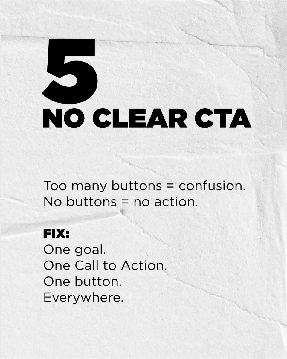 10 Things Killing Your Brand

#5.

🚪 If your CTA isn’t clear, your content is a cul-de-sac.

Pick ONE goal.
Make it visible everywhere.
📥 Learn the CTA rule that works:

mediafarm.co.za/thank-you/?utm…

#10ThingsKillingYourBrand #branding #marketing