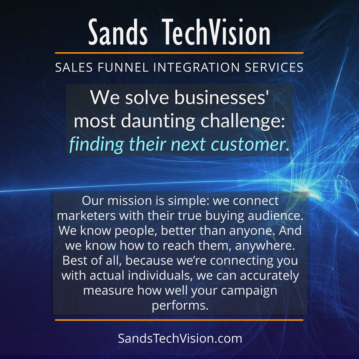 We solve businesses' most daunting challenge: finding their next customer
For more information go to 👉sandstechvision.com 👈