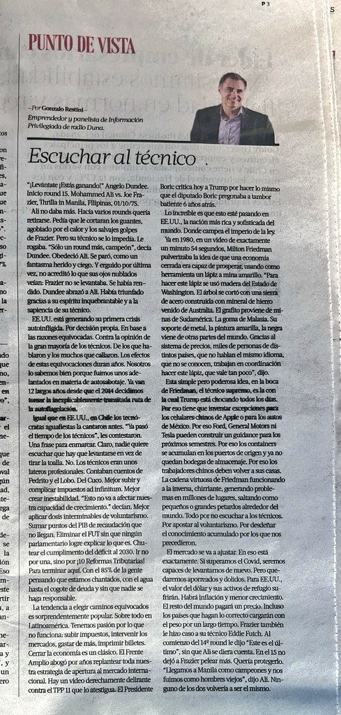 Va la columna del mes sobre la importancia de escuchar a los técnicos cuando se hace política económica . Incluye un recuerdo a "The Thrilla in Manila" , la última pelea de Ali vs Frazier