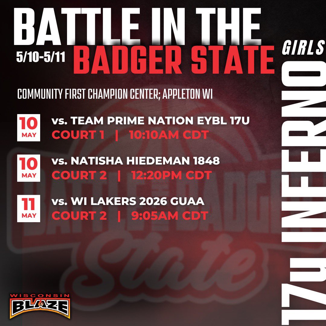 Julieyn Martin (@julieyn_martin) on Twitter photo Schedule for this weekend in Appleton!
<a href="/LisaMVanWyk/">Lisa Van Wyk</a>
<a href="/WisconsinBlaze/">Wisconsin Blaze Girls Basketball</a>
<a href="/WIBlazeInferno/">WI Blaze Inferno Girls</a> Schedule for this weekend in Appleton!
<a href="/LisaMVanWyk/">Lisa Van Wyk</a>
<a href="/WisconsinBlaze/">Wisconsin Blaze Girls Basketball</a>
<a href="/WIBlazeInferno/">WI Blaze Inferno Girls</a>