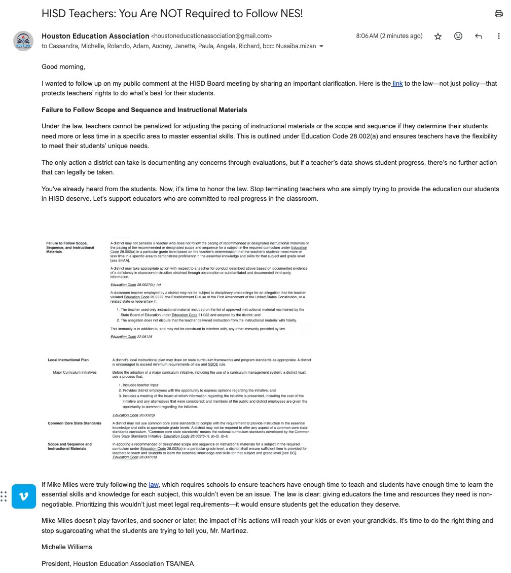 houston_tsta's tweet image. We just sent our follow-up email to the HISD Board of Managers. Reminder to all HISD teachers: you don’t have to follow anything from NES. The law is on your side to do what’s best for your students. Stand strong! 💪 #TeachersMatter #HISD