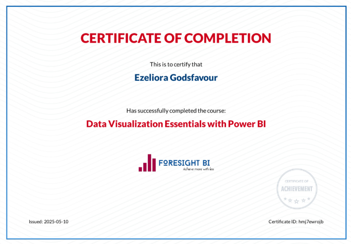 Favour_Ezeliora's tweet photo. I just completed the "Data Visualization Essentials with Power BI" course by @ForesightBI and @AhmedOyelowo, and it was a great learning experience! https://t.co/uH4HVMaQjZ