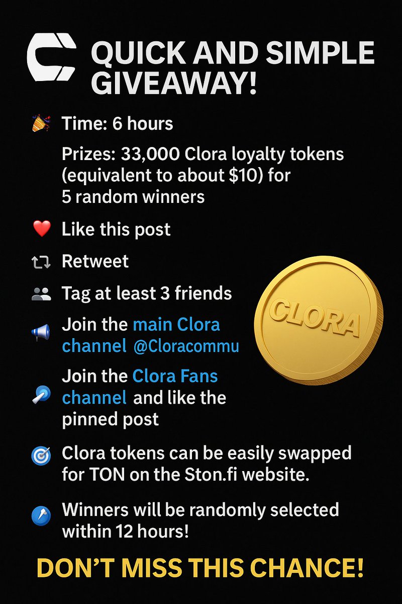 AlexJackso85613's tweet image. 🎉 Quick and Simple Giveaway!

⏰ Time: 6 hours
🎁 Prizes: 33,000 Clora loyalty tokens (equivalent to about $10) for 5 random winners
Like this post ❤️

Retweet 🔁
Tag at least 3 friends 👥
Join the main Clora channel 👉 @Cloracommunity 📢
Join the Clora Fans channel 👉 @clorafan…