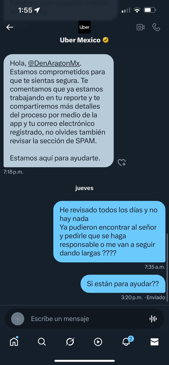 Pues así es la “maravillosa” ayuda de <a href="/Uber_MEX/">Uber Mexico</a> no te contestan, solo al principio para decir  son muy atentos contigo… q lástima !Lo único Pido es q el conductor de su plataforma pague el daño q le hizo a mi carro,solo es hablar al seguro, es tan difícil para ustedes ? <a href="/Profeco/">Profeco</a>
