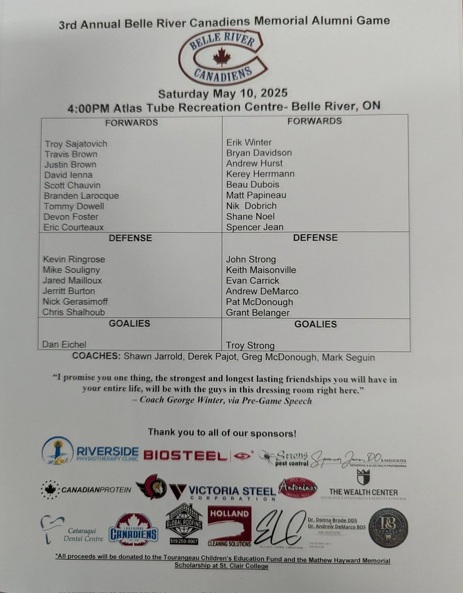 Today's lineup for the 3rd Annual Belle River Canadiens Memorial Alumni Game !