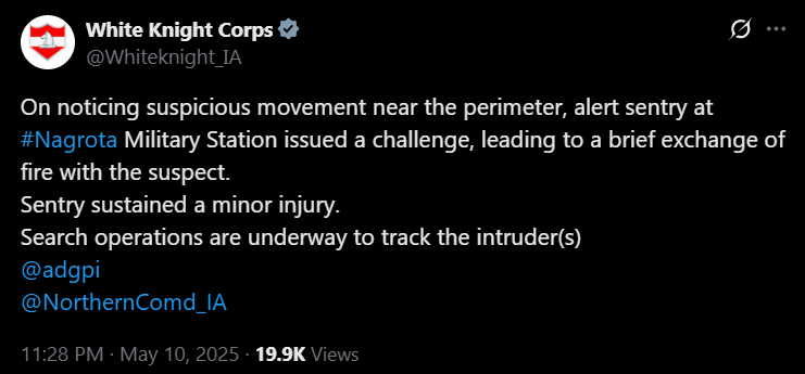 DDNewslive's tweet photo. On noticing suspicious movement near the perimeter, alert sentry at #Nagrota Military Station issued a challenge, leading to a brief exchange of fire with the suspect. Sentry sustained a minor injury. Search operations are underway to track the intruder(s): @Whiteknight_IA 

@adgpi @NorthernComd_IA