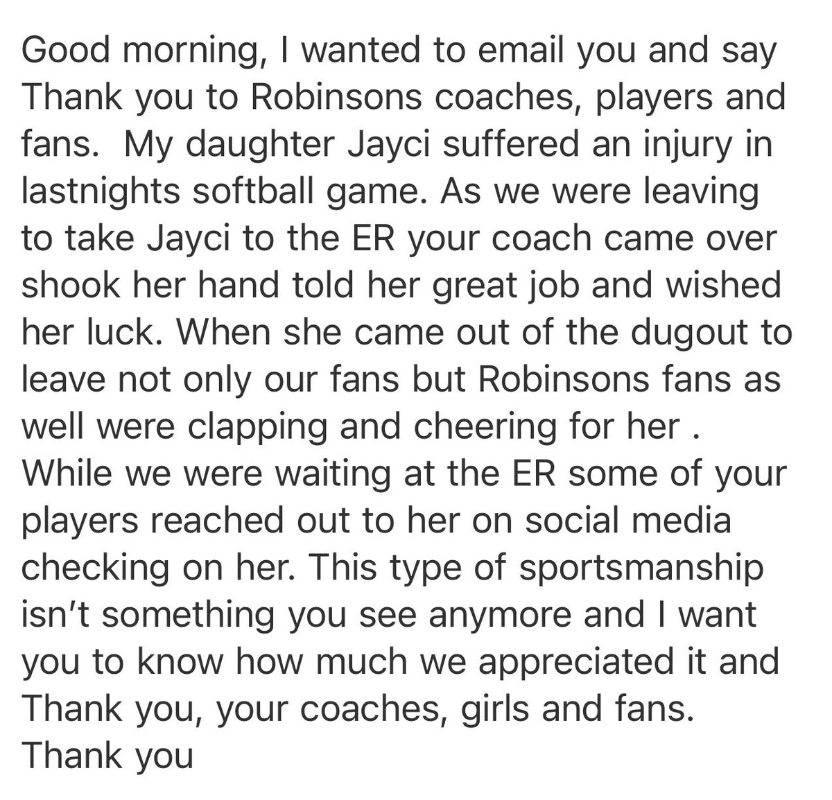 This is an email I received this morning.  In this day and age I wanted to show it’s so much more than just a game.  I’m so proud of our players, coaches and fans. Something special in Robinson. #RNQ