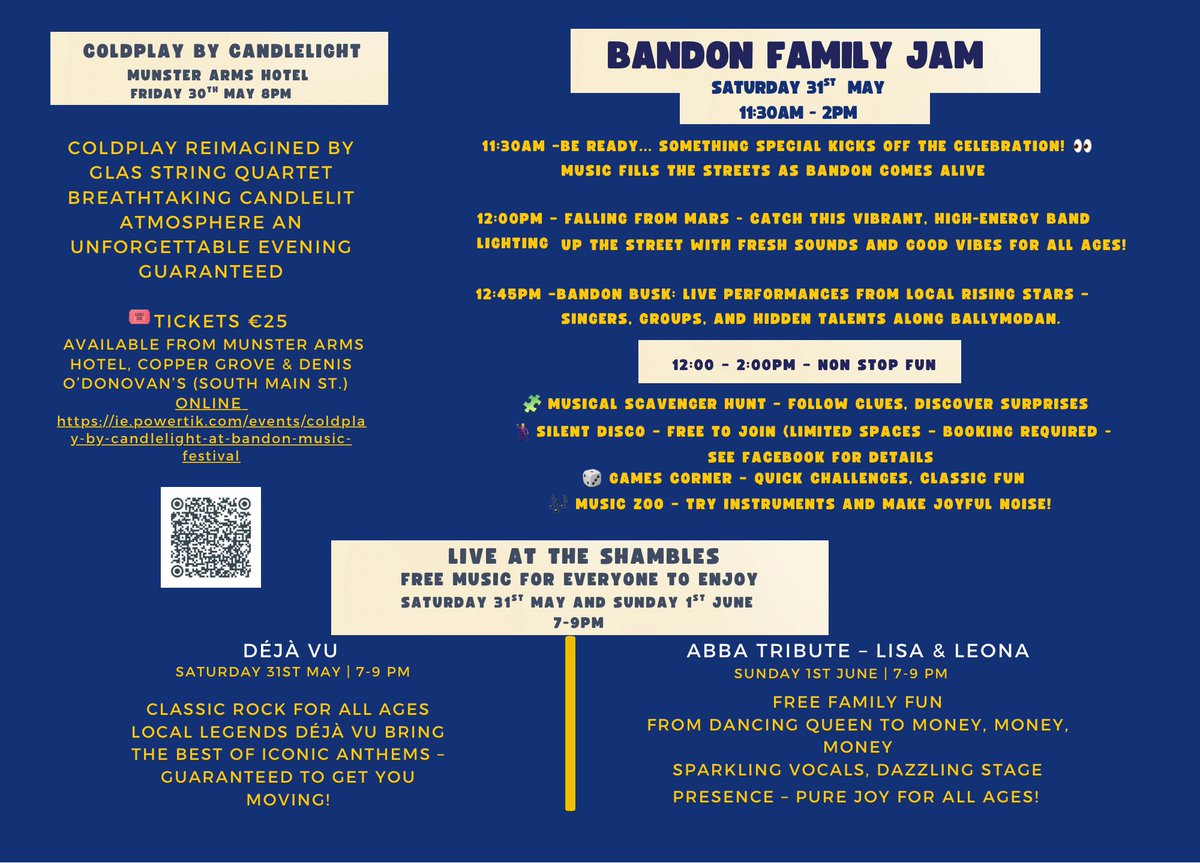 Bandon (@tasteofbandon) on Twitter photo ๐๐ถ BANDON IS THE PLACE TO BE THIS JUNE BANK HOLIDAY! ๐ถ๐
Get ready for an epic weekend at the Bandon Music Festival โ Bank Holiday Bash from May 30th to June 1st! ๐ธ๐
๐ Live music every night!
Supported by <a href="/Corkcoco/">Cork County Council</a> <a href="/pure_cork/">Pure Cork</a> <a href="/Failte_Ireland/">Fรกilte Ireland</a>
<a href="/bandon/">Bandon Town</a> #lovebandon ๐๐ถ BANDON IS THE PLACE TO BE THIS JUNE BANK HOLIDAY! ๐ถ๐
Get ready for an epic weekend at the Bandon Music Festival โ Bank Holiday Bash from May 30th to June 1st! ๐ธ๐
๐ Live music every night!
Supported by <a href="/Corkcoco/">Cork County Council</a> <a href="/pure_cork/">Pure Cork</a> <a href="/Failte_Ireland/">Fรกilte Ireland</a>
<a href="/bandon/">Bandon Town</a> #lovebandon