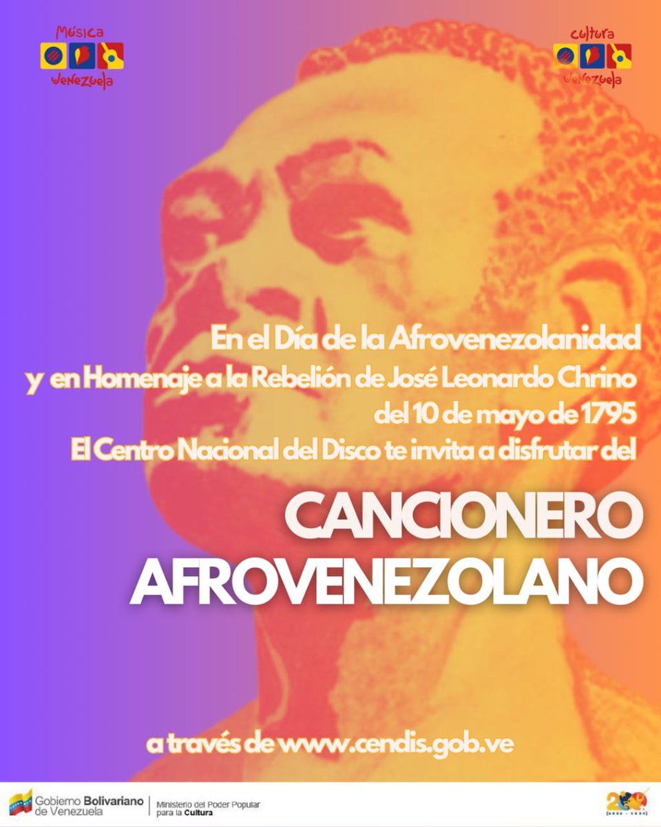 En el Día de la Afrovenezolanidad y en Homenaje a la Rebelión de José Leonardo Chirino del 10 de Mayo de 1795, El Centro Nacional del Disco te invita a disfrutar del

CANCIONERO AFROVENEZOLANO

A través de:

cendis.gob.ve/?page_id=6498

Síguenos por

@cendismusica