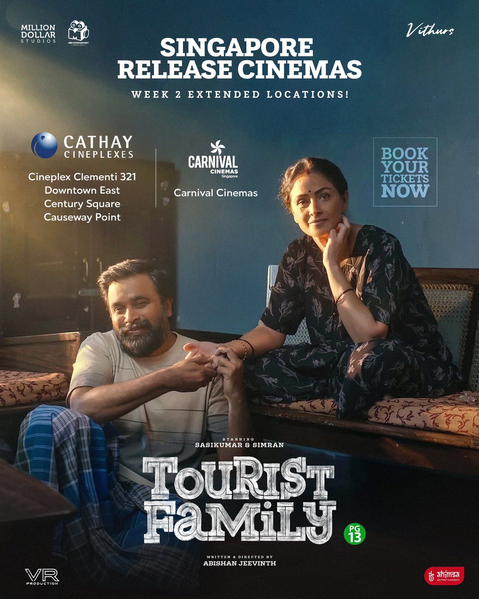 Ahimsa Entertainment (@ahimsafilms) on Twitter photo Singapore’s audience love pushes #TouristFamily even further! 🇸🇬♥️ More cinemas and shows added due to overwhelming demand. Thanks for the nonstop support! 🔥✨
<a href="/vithurs_/">vithurs</a> <a href="/MillionOffl/">Million Dollar Studios</a> <a href="/Yuvrajganesan/">Yuvaraj</a> <a href="/Abishanjeevinth/">Abishan Jeevinth</a> <a href="/mageshraj/">magesh</a> <a href="/vijaymp29/">Vijay MP</a> <a href="/SasikumarDir/">M.Sasikumar</a> <a href="/SimranbaggaOffc/">Simran</a> Singapore’s audience love pushes #TouristFamily even further! 🇸🇬♥️ More cinemas and shows added due to overwhelming demand. Thanks for the nonstop support! 🔥✨
<a href="/vithurs_/">vithurs</a> <a href="/MillionOffl/">Million Dollar Studios</a> <a href="/Yuvrajganesan/">Yuvaraj</a> <a href="/Abishanjeevinth/">Abishan Jeevinth</a> <a href="/mageshraj/">magesh</a> <a href="/vijaymp29/">Vijay MP</a> <a href="/SasikumarDir/">M.Sasikumar</a> <a href="/SimranbaggaOffc/">Simran</a>
