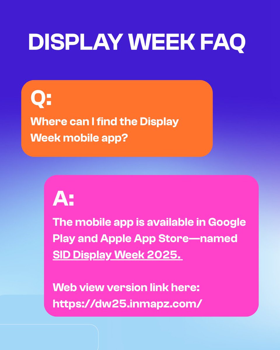DisplayWeekSID's tweet image. Check out our FAQs to get the answers you need to ensure a seamless and enjoyable experience at Display Week 2025!

👉 Dive into the full FAQ list here: displayweek.pulse.ly/h2b6xn08i9

Web view version of the mobile app: dw25.inmapz.com

#DisplayWeek2025 #EventFAQs #DisplayTech