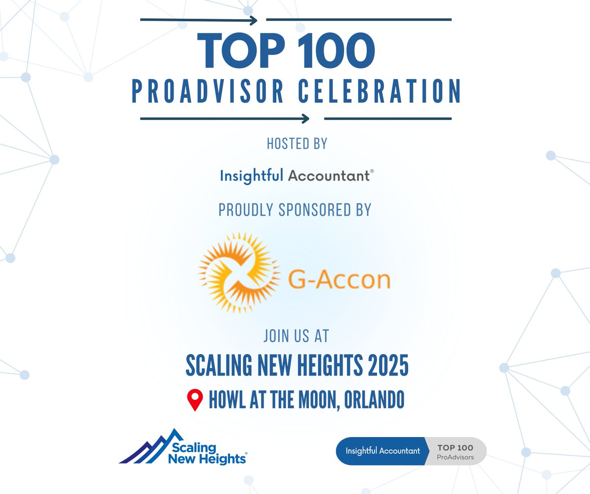 G-Accon (@g_acconservices) on Twitter photo 🎉 Join us for the Top 100 ProAdvisor Reception & Party, proudly sponsored by G-Accon and hosted by <a href="/InsightfulActnt/">Insightful Accountant</a>!
Let’s celebrate together at Scaling New Heights!
#taxtwitter #SNH2025
Learn more and RSVP ➡️info.insightfulaccountant.com/2025-top-proad… 🎉 Join us for the Top 100 ProAdvisor Reception & Party, proudly sponsored by G-Accon and hosted by <a href="/InsightfulActnt/">Insightful Accountant</a>!
Let’s celebrate together at Scaling New Heights!
#taxtwitter #SNH2025
Learn more and RSVP ➡️info.insightfulaccountant.com/2025-top-proad…