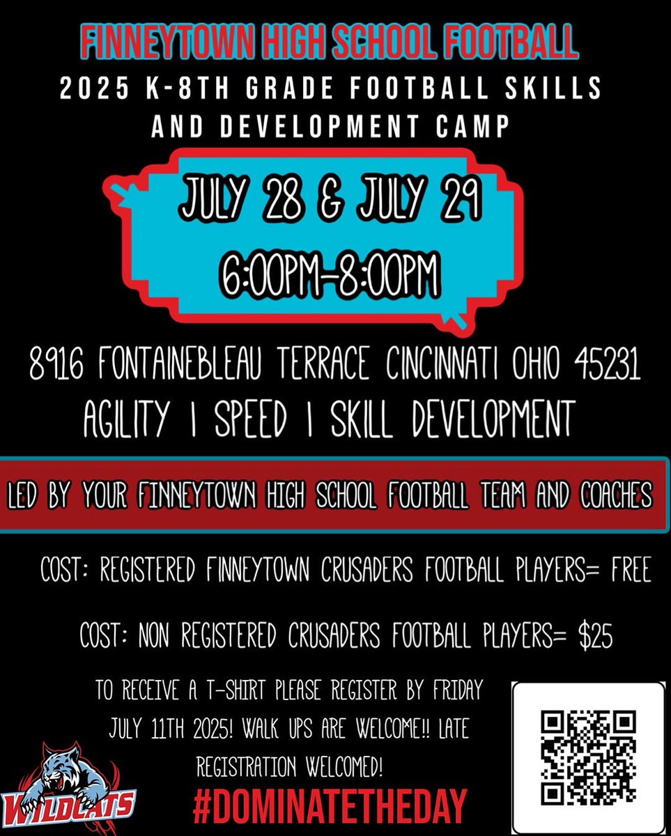 The Finneytown HS football program will host a youth camp on July 28th &amp; 29th! It will be a great opportunity to get coached by our high school players and staff!