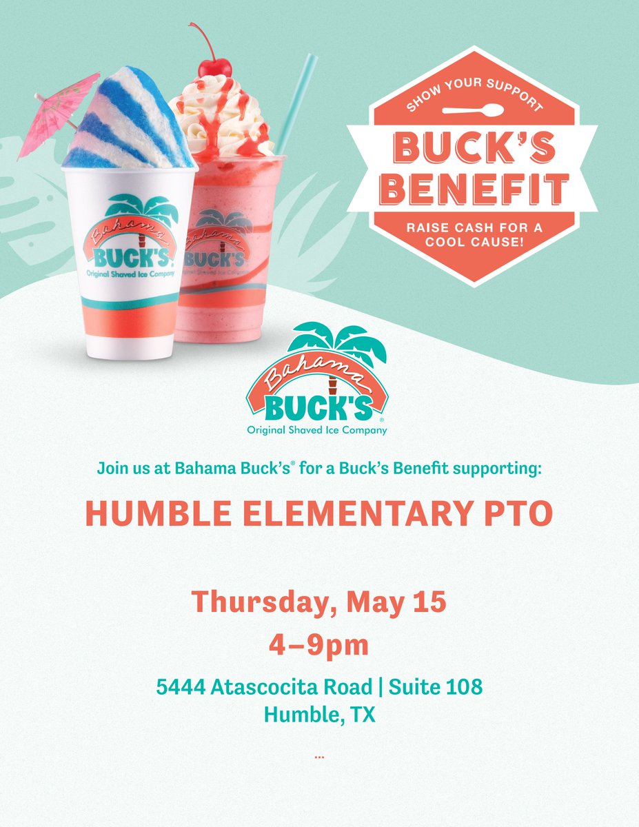 📣 Reminder, Wildcats! 📣
Cool off with a sweet treat while supporting our school! 🍧💙
Join us for a Bahama Buck’s Benefit Night this Thursday, May 15, from 4–9 PM 🌴 A portion of your purchase goes to <a href="/HumbleISD_HE/">Humble Elementary</a> #PTO to help fund student programs and events.🐾
#fundraiser