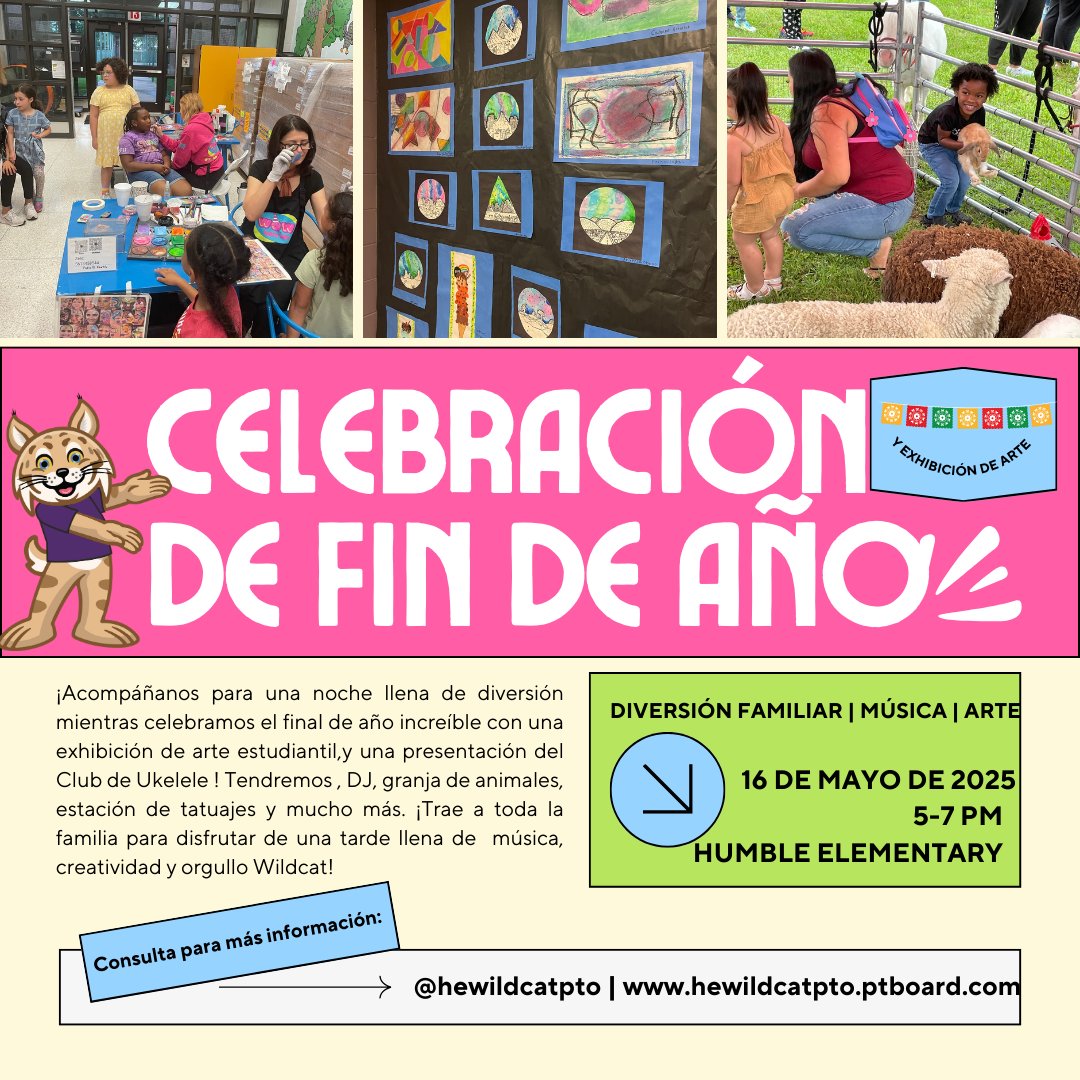 🎉 REMINDER: End of Year Celebration! 🎉
Join us for a fun-filled night to wrap up the school year with art, music &amp; family fun! 💜
#HEWildcats #EOYCelebration #FamilyFun #WildcatPride
