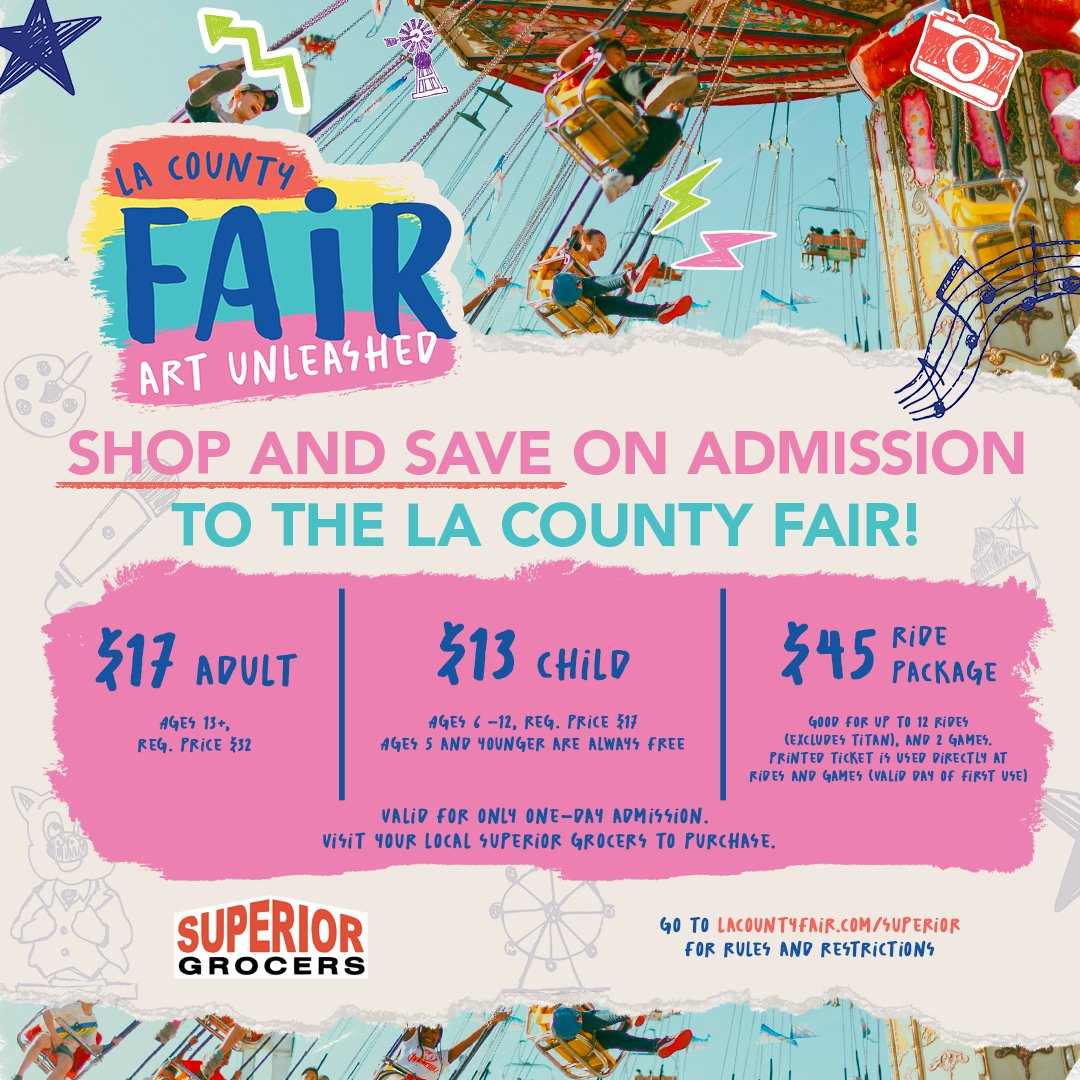 LA County Fair (@lacountyfair) on Twitter photo Get ready to unleash the fun 🥳 Save on LA County Fair admission when you shop at participating <a href="/SuperiorGrocers/">Superior Grocers</a>!
🎨 More info: ow.ly/yIJN50VQrek Get ready to unleash the fun 🥳 Save on LA County Fair admission when you shop at participating <a href="/SuperiorGrocers/">Superior Grocers</a>!
🎨 More info: ow.ly/yIJN50VQrek