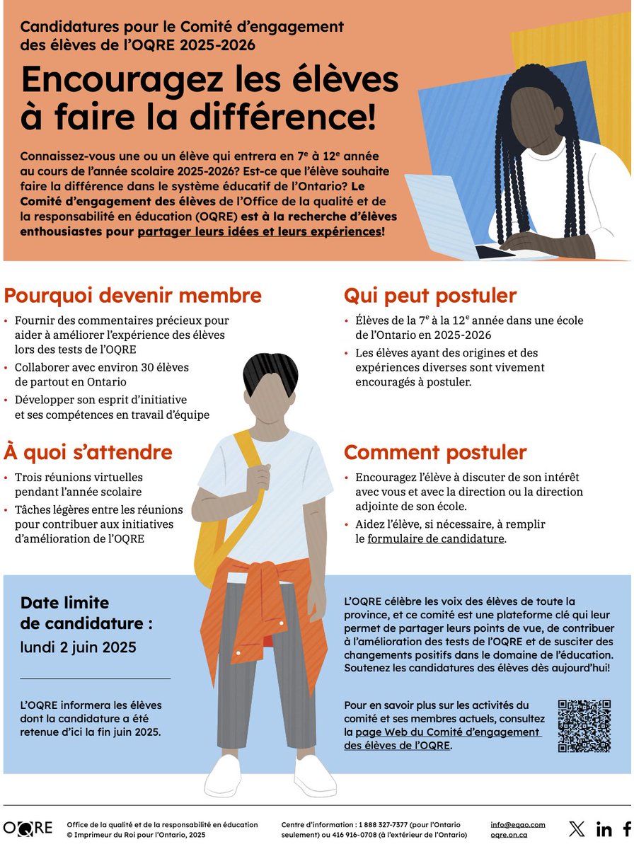 🚨 Élèves de la 7e à la 12e en Ontario : l’OQRE cherche des représentant(e)s pour son Comité d’engagement pendant l'année scolaire 2025-2026! 🌟
Fais entendre ta voix et influence l’éducation!
📌 Infos et candidatures 👉 bit.ly/4jPQ74A
#éducationengagée