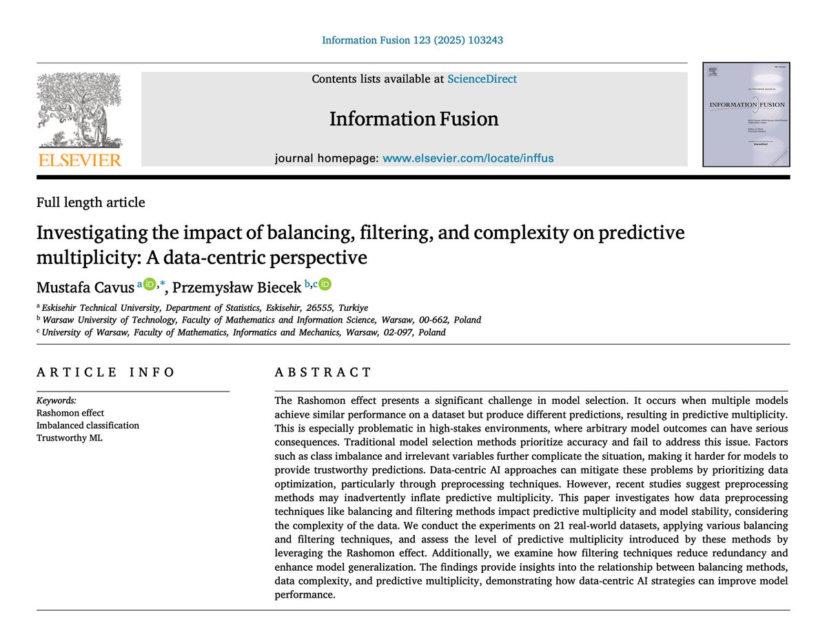 Mustafa Çavuş (@mustafa__cavus) on Twitter photo Even ML models with similar accuracy can yield conflicting predictions — a risk known as predictive multiplicity 🤔
In our new paper w/ <a href="/PrzeBiec/">Przemysław Biecek</a>, we explore how balancing, filtering & data complexity drive this.
Read free until June 29:
authors.elsevier.com/a/1l49f5a7-G-6…
#DataCentricAI Even ML models with similar accuracy can yield conflicting predictions — a risk known as predictive multiplicity 🤔
In our new paper w/ <a href="/PrzeBiec/">Przemysław Biecek</a>, we explore how balancing, filtering & data complexity drive this.
Read free until June 29:
authors.elsevier.com/a/1l49f5a7-G-6…
#DataCentricAI