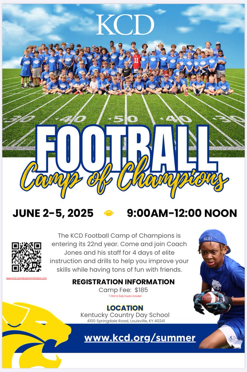 Bearcat Nation mark your calendars for the 2025 KCD Football Camp of Champions!  Come and learn the fundamentals of the great game of football from our players and staff! Camp signup info: kcd.org/programs/summe…