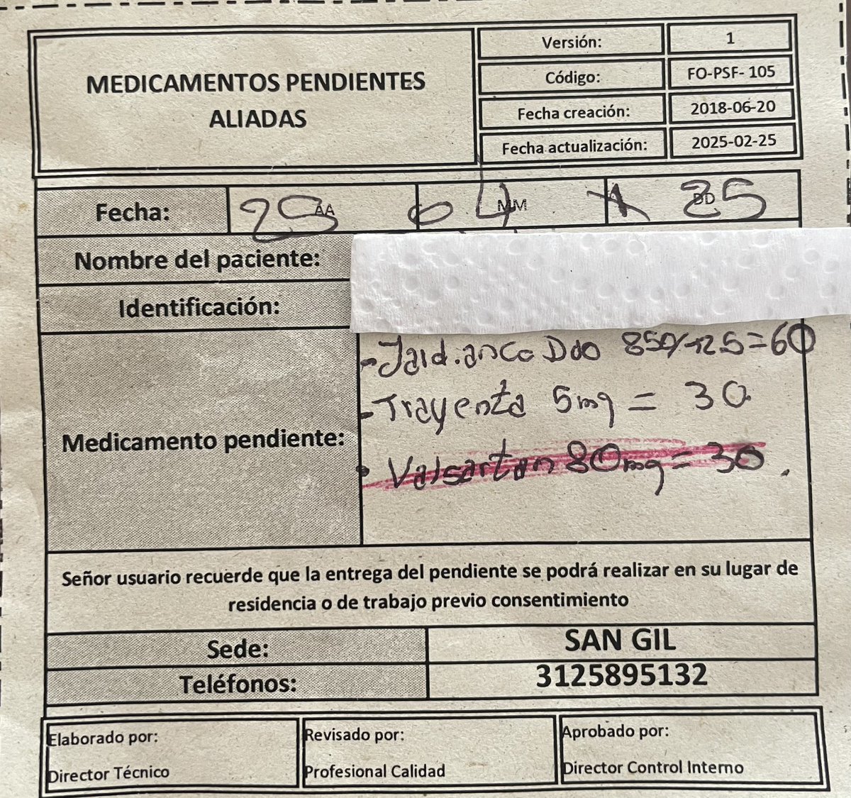 orlekos's tweet photo. @sanitas_eps tres visitas a la droguería donde deben entregar los medicamentos de @sanitas en San Gil y no hay. Son medicamentos permanentes. Cuál es la solución ?@MinSaludCol @Supersalud https://t.co/w0CR4EdaWE