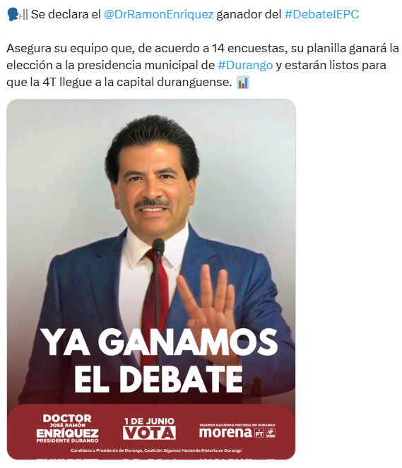 ClickDgo's tweet photo. #FastCheck El día de ayer durante el debate, el candidato @DrRamonEnriquez dijo que va arriba en 14 encuestas.
❌FALSO❌, en las últimas 17 encuestas registradas en #Durango @josejoseantonio lo supera en 9 de ellas y en las 8 restantes puntea el Dr. Enríquez. https://t.co/qE6X0ILAPe