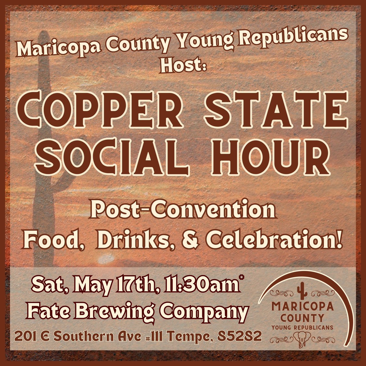 MCYR is thrilled to invite all our <a href="/ArizonaYRs/">Arizona Young Republicans</a> to a Post-Convention Social Hour! 

Social hour kicks off immediately after adjournment!