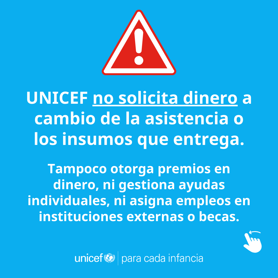 unicefvenezuela's tweet photo. 🛑 #ALERTA UNICEF no solicita ni entrega dinero, no gestiona ayudas individuales ni asigna empleos o becas. Para trabajar en UNICEF las personas deben postularse a través de la plataforma oficial de la organización. Los correos electrónicos de UNICEF usan el dominio @unicef.org. https://t.co/7ZRfMIbE69
