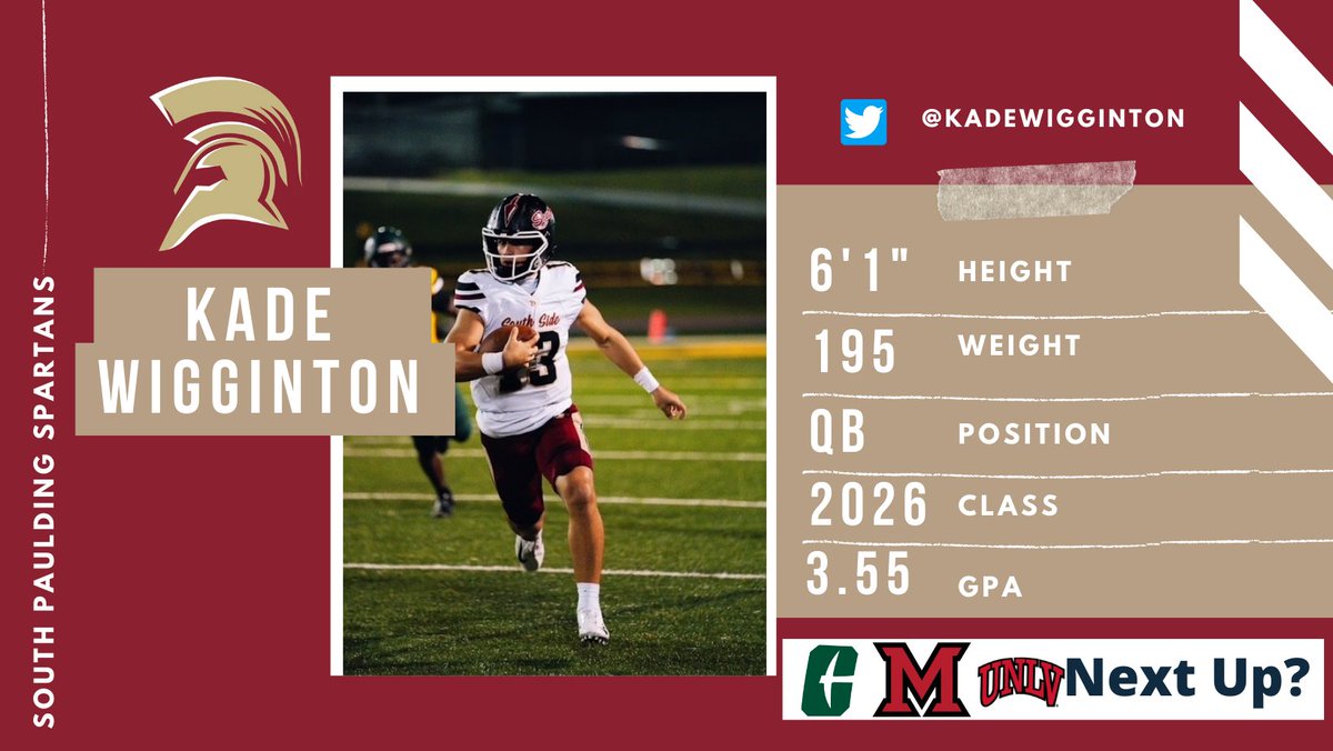 Coach Bridger West (@bridgerwest) on Twitter photo Next is our highly touted rising senior QB who will enter his 3rd year leading the Spartan Offense. <a href="/KadeWigginton/">Kade Wigginton</a> . He has drawn rave reviews from every QB Camp in the state. Next is our highly touted rising senior QB who will enter his 3rd year leading the Spartan Offense. <a href="/KadeWigginton/">Kade Wigginton</a> . He has drawn rave reviews from every QB Camp in the state.