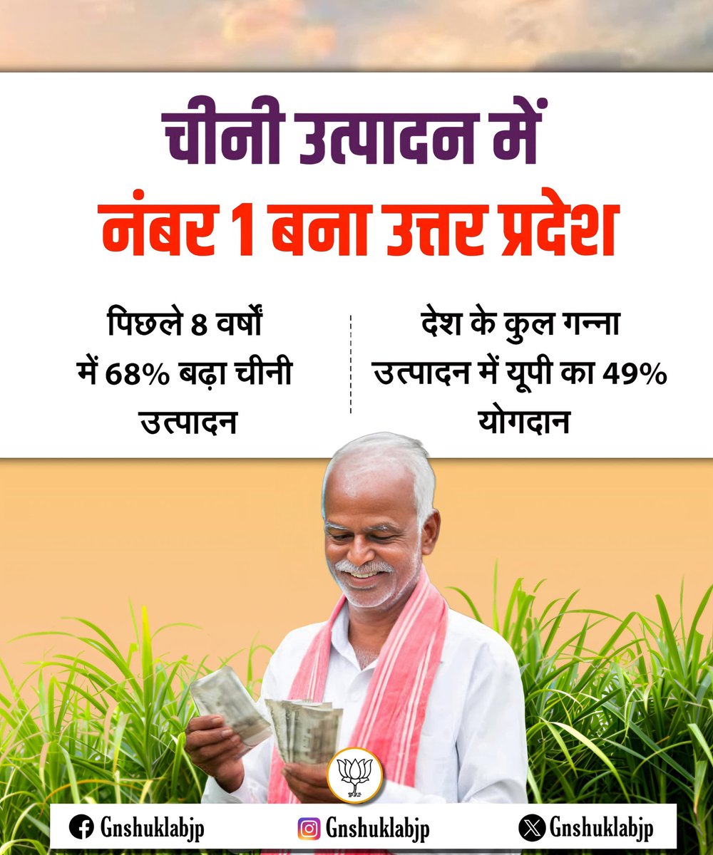 gnshuklabjp's tweet photo. मित्रों-भाजपा की योगी सरकार में उत्तर प्रदेश बना चीनी उत्पादन में नंबर वन! 8 वर्षों में 68% की ऐतिहासिक वृद्धि ने रचा नया कीर्तिमान।
#UPNumberOne https://t.co/lRnY8cdphp