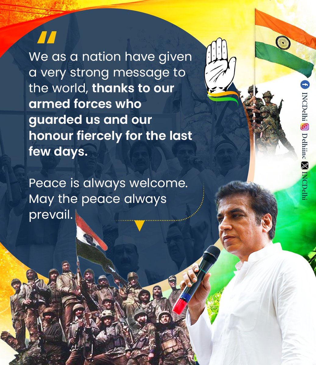 Delhi Congress (@incdelhi) on Twitter photo Our country has sent a strong message to the entire world, and the credit goes to our brave soldiers.
Peace is always welcome.
Sh <a href="/devendrayadvinc/">Devender Yadav</a>
President, Delhi Pradesh Congress Committee
#Ceasefire Our country has sent a strong message to the entire world, and the credit goes to our brave soldiers.
Peace is always welcome.
Sh <a href="/devendrayadvinc/">Devender Yadav</a>
President, Delhi Pradesh Congress Committee
#Ceasefire