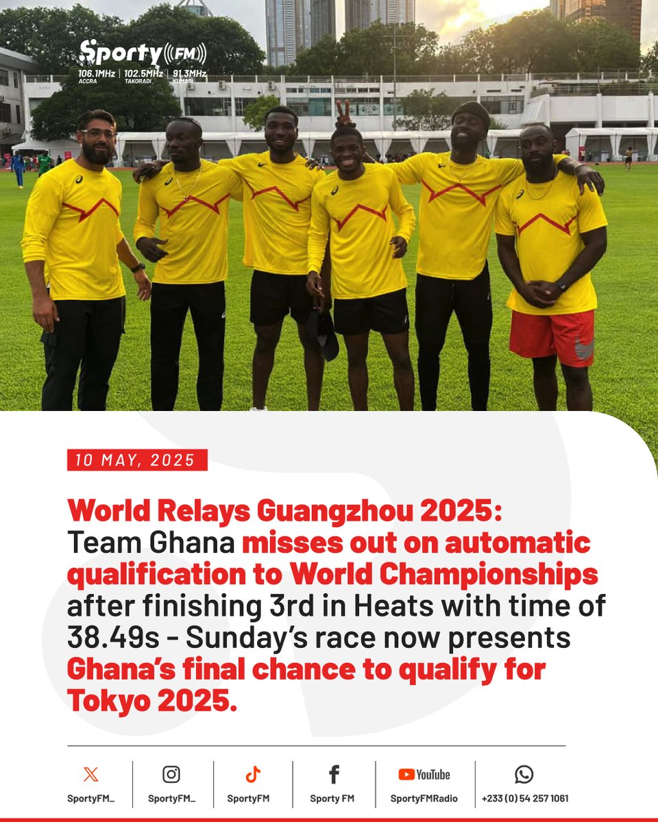An impressive 3rd-place finish for Team Ghana’s🇬🇭 relay team, but it’s not enough to secure automatic qualification to the World Athletics Championships.

The boys will have one final chance to qualify when they race again tomorrow 🚀

#SportyFM