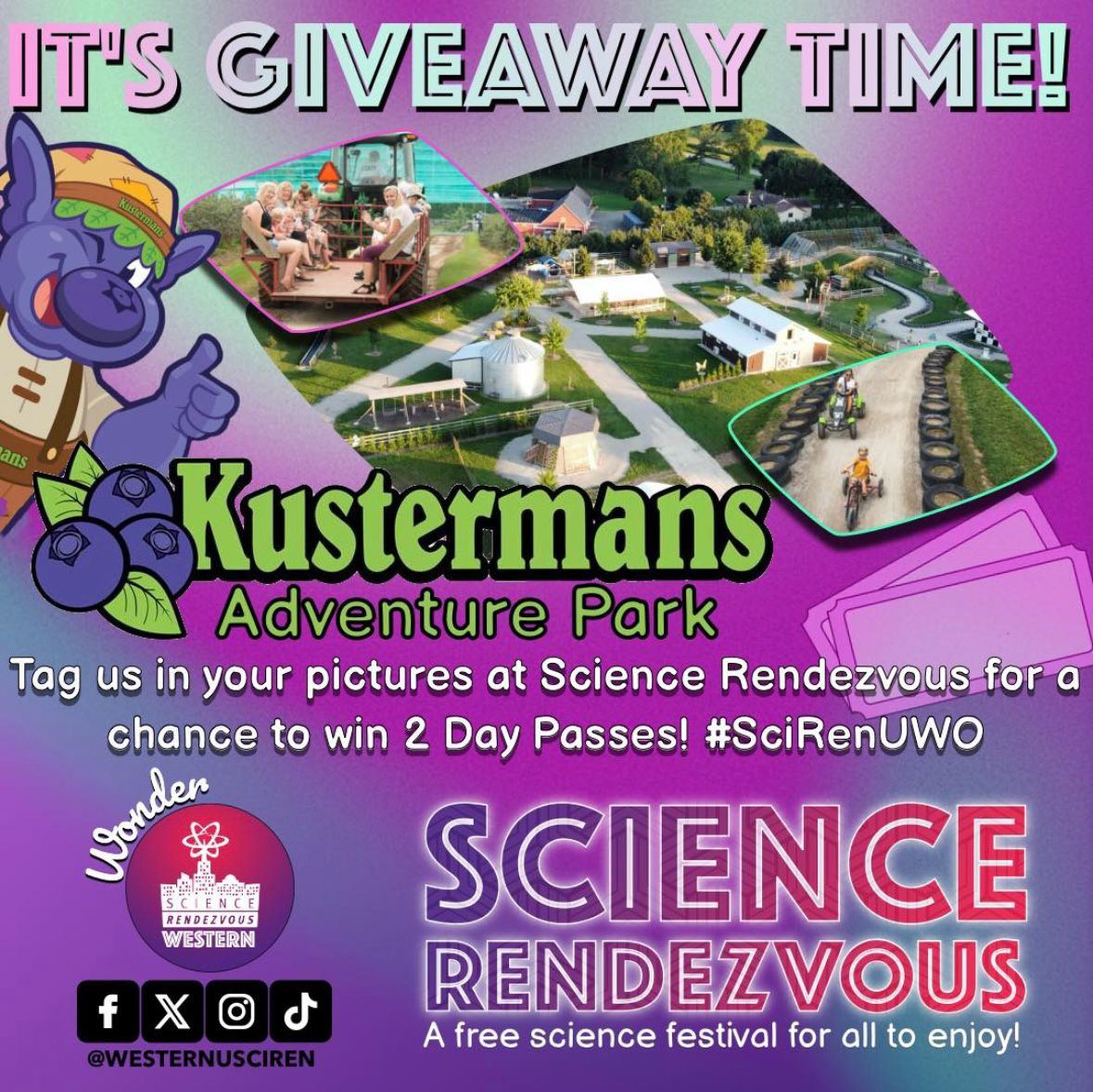🌾 GIVEAWAY ALERT! 🌟

Win 2 passes to Kusterman’s Adventure Farm! 🚜🎡
📅 Visit #SciRenUWO on May 10
📸 Snap a pic, post with #SciRenUWO, and tag us!
🎟️ 2 winners announced event day!
🌽 Fun for all ages! kustermans.ca
#ContestAlert #FamilyFun #LondonON
