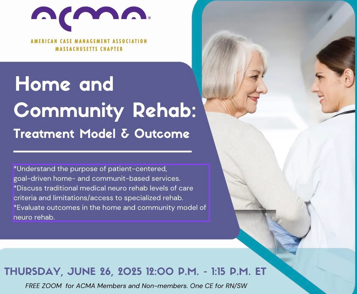 REGISTER NOW - Free Webinar with 1 CE -bit.ly/42IVuLH
HOME and COMMUNITY REHAB: Treatment Model &amp; Outcome
THURSDAY, JUNE 26, 2025 12:00 P.M. - 1:15 P.M. ET
#socialwork #casemanagement #theACMAma