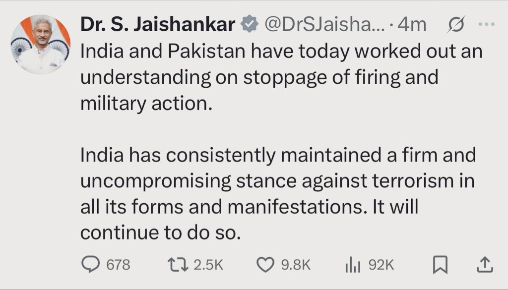 X90Degree's tweet photo. Indian Govt confirms ceasefire with Pakistan, 12 hours after bombing 8 PAF air bases and installations. Indian just missed a wonderful opportunity!
#IndiaPakistanWar https://t.co/4pxpotKAQI