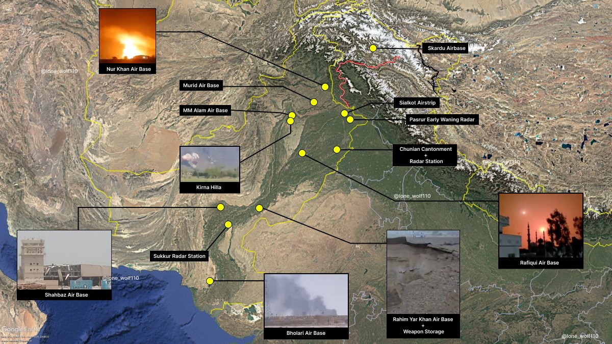 An infographic of India’s coordinated strikes on Pakistani airbases, radar sites, and cantonments on 9–10 May before the ceasefire was announced. 

Cruise missiles, loitering munitions, and ALMs were used to hit high-value targets across the depth of Pakistan.