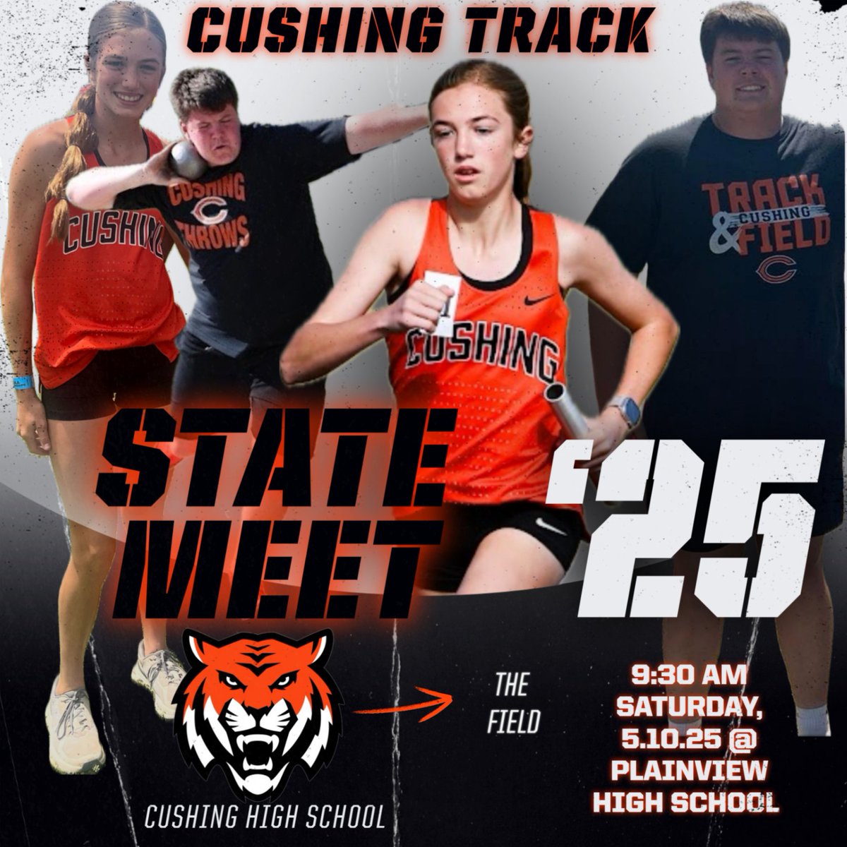 STATE MEET DAY!!  State Track continues for the Tigers today as they will take on the field and look to find the podium.  Go Cushing Track, Set Some Records!!