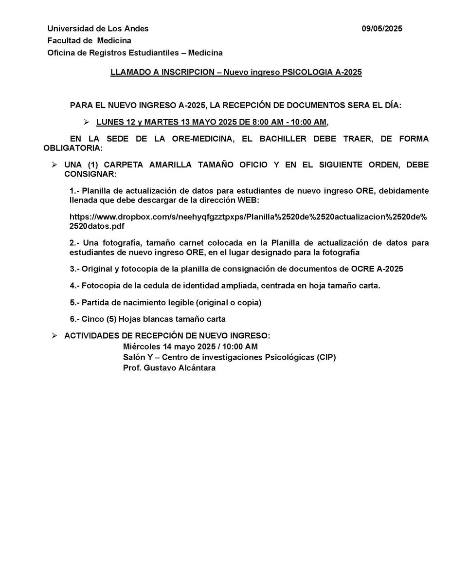 Llamado a recepción de documentos Psicología A2025